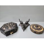 Box Including Treen Box, Porcupine Quill Jewellery Box & Lidded Dish, Elephant Stand