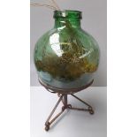 Green Glass Carboy On Metal Stand H56cm