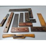 Box Including Set Squares, Chisels, Spoke Shaves, Spirit Levels Etc