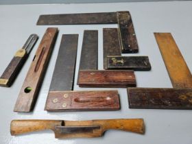 Box Including Set Squares, Chisels, Spoke Shaves, Spirit Levels Etc