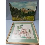Needlework Picture, Oil On Board Woodland Scene By T E Scutt, Framed Long Service Certificate To Tho