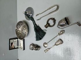 Box Including Plated Dish, Candle Snuffer, Sugar Tongs Etc