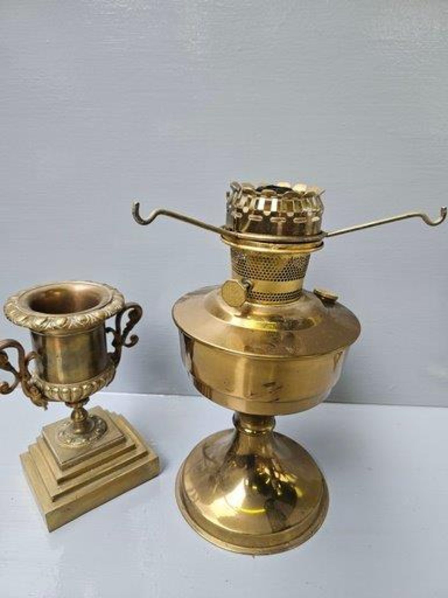 Brass Oil Lamp, 3 Candlesticks, Brass Mantel Vase - Image 2 of 2