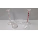 2 Cut Glass Candlesticks, Dressing Table Dishes, 3 Decanter Stoppers Etc