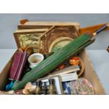 Box Including Assorted Place Mats, Treen Pieces, Purse, Opera Glasses Etc