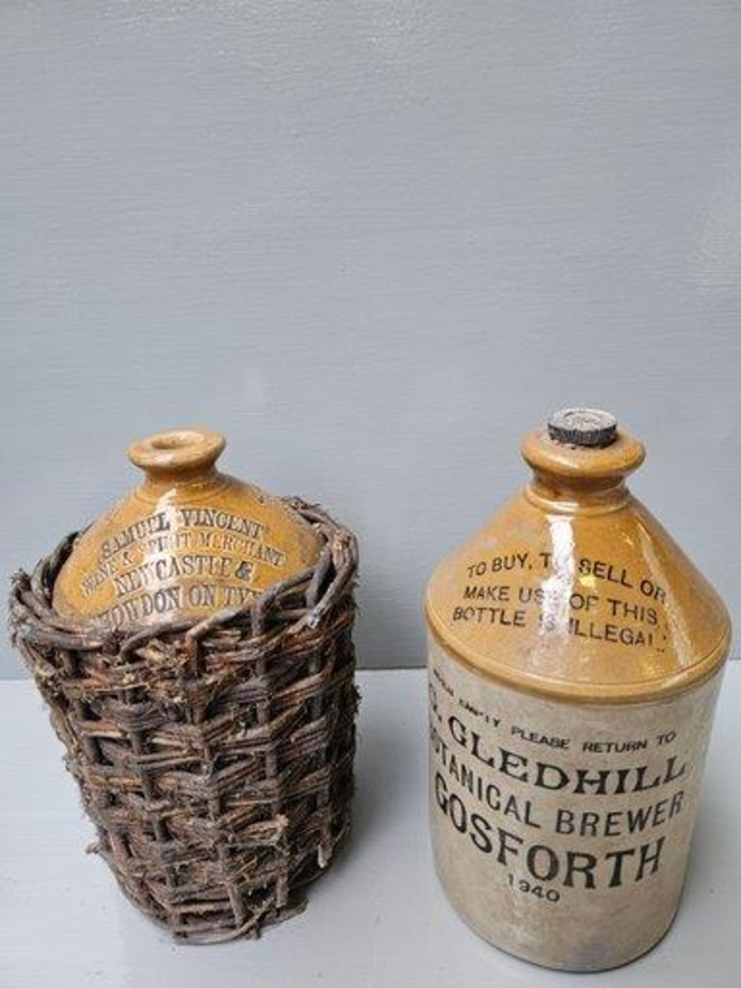 2 Flagons - Samuel Vincent, Newcastle & G Gledhill, Gosforth 1940, Creamware Jar & Bottle (A/F)