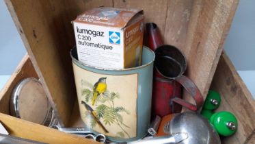 Box Of Tools Including 'Use Thelson Oils' Can Etc