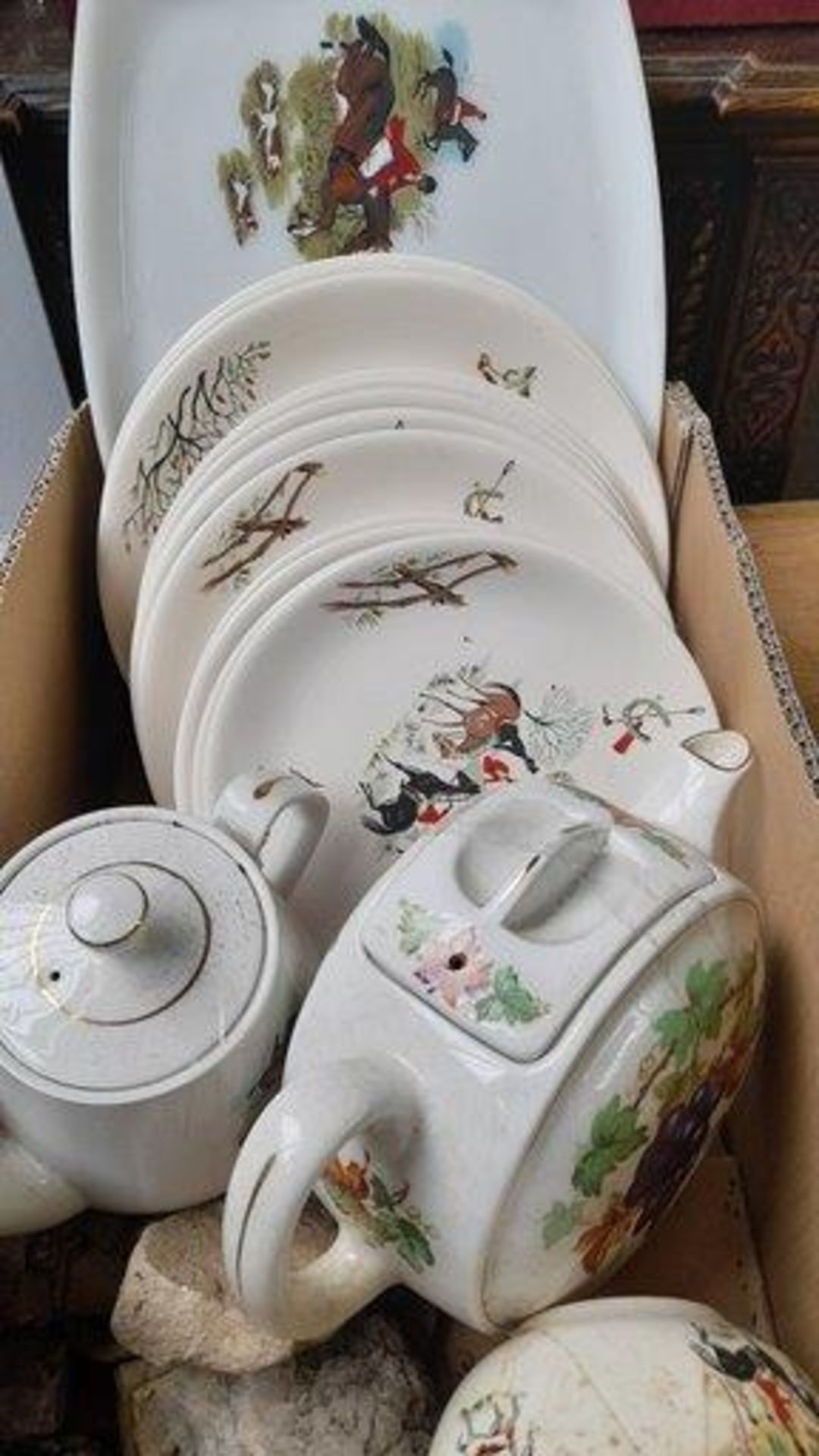 A Box Including Alfred Meakin 'The Tally-Ho' Hunting Scene Dinnerware, Assorted Teapots Etc (A/F)