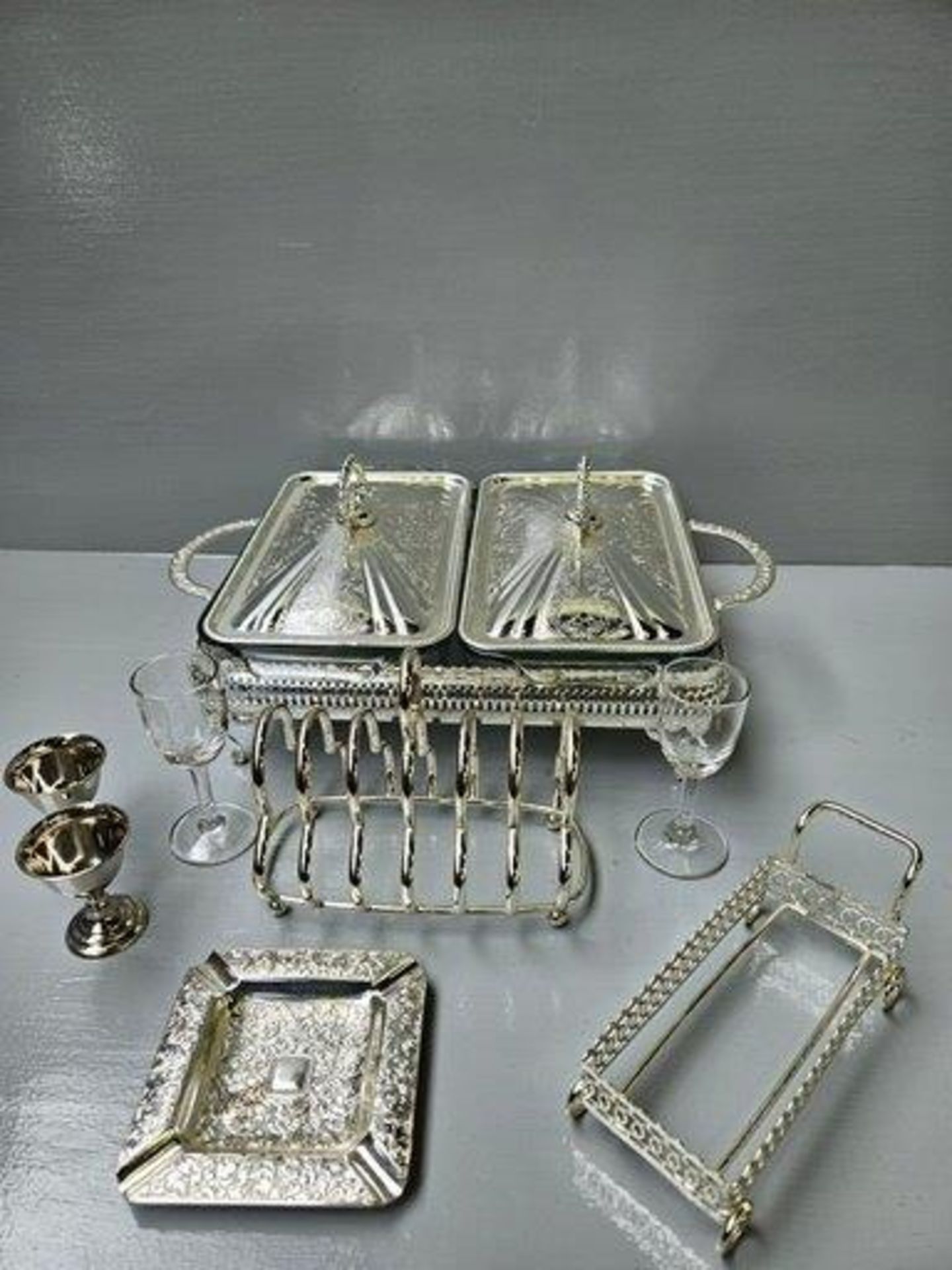 Box Including Plated Toast Rack, Serving Dishes Etc