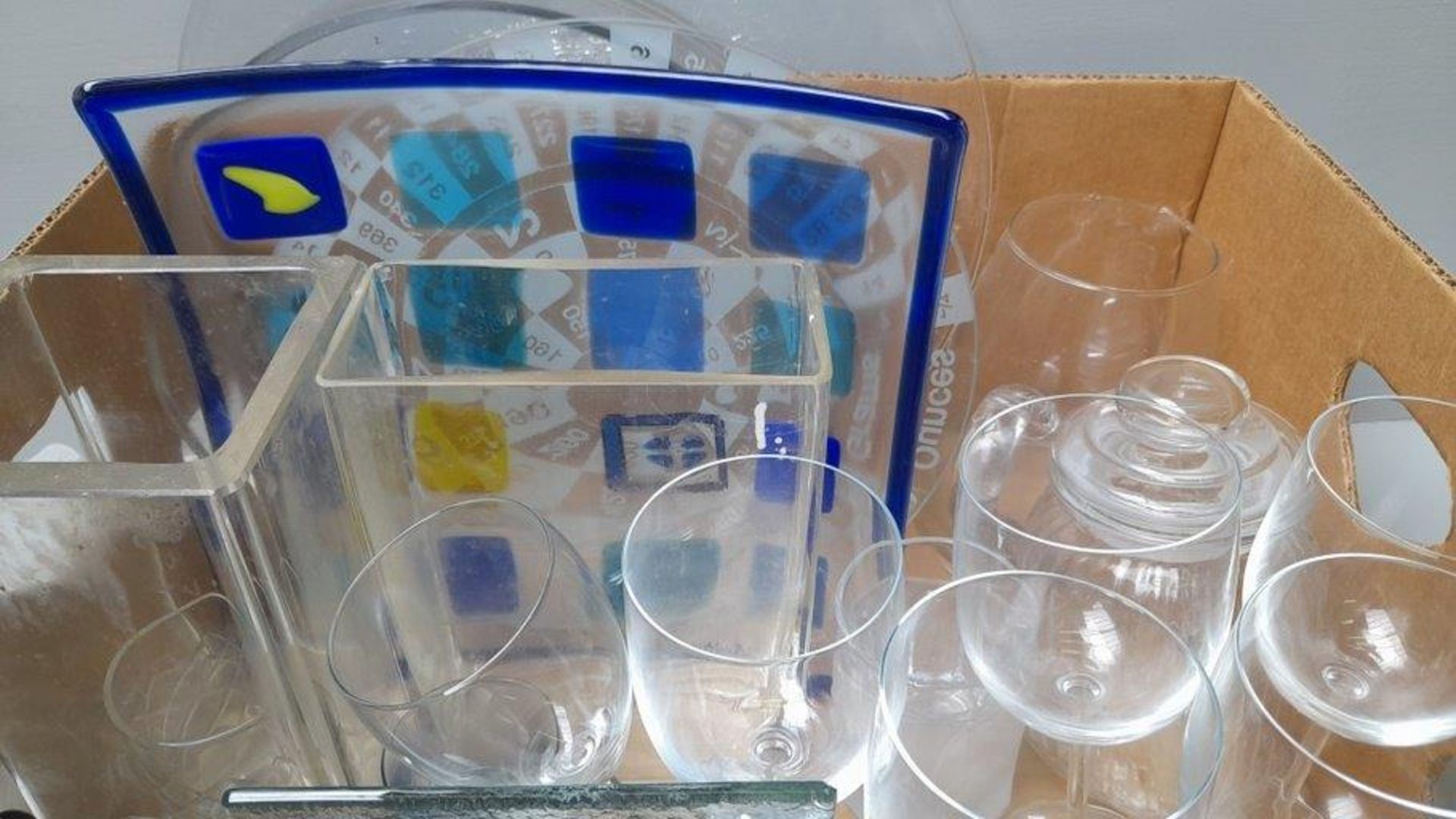 Box Including Glass Plates, Wine Glasses, Vases Etc