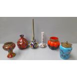 6 Coloured Glass Vases, Lidded Jar Etc