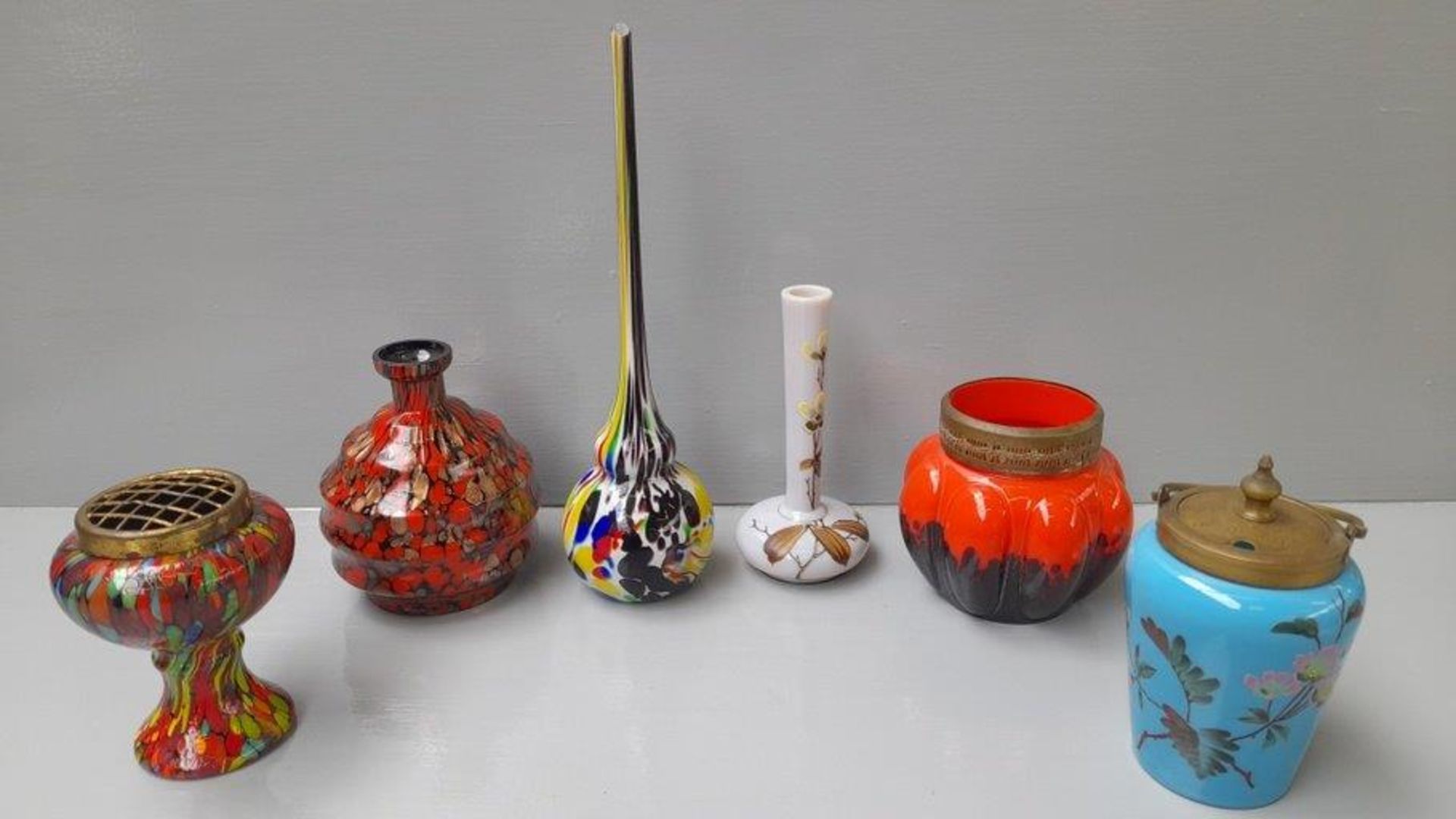 6 Coloured Glass Vases, Lidded Jar Etc