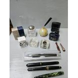 Box Including Inkwells, Ink, Pens Etc