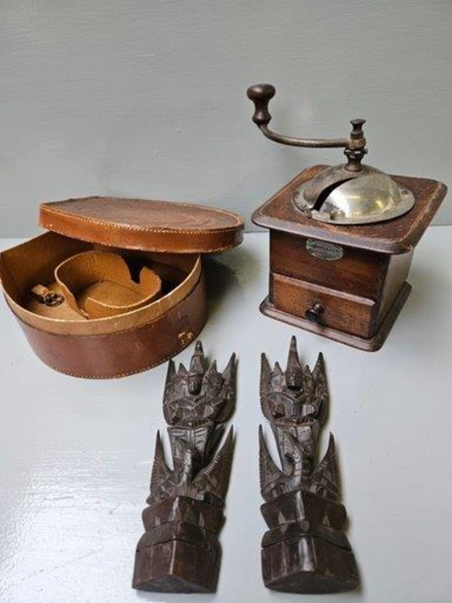 Coffee Grinder, Leather Collar Box, 2 Small Carved Masks