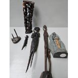 4 Wooden Carved Figures & Metal Bird Ornament (A/F)