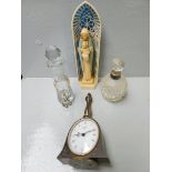Box Including 2 Glass Scent Bottles, Miniature Brass Mantel Clock, Religious Figurine Etc
