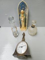 Box Including 2 Glass Scent Bottles, Miniature Brass Mantel Clock, Religious Figurine Etc