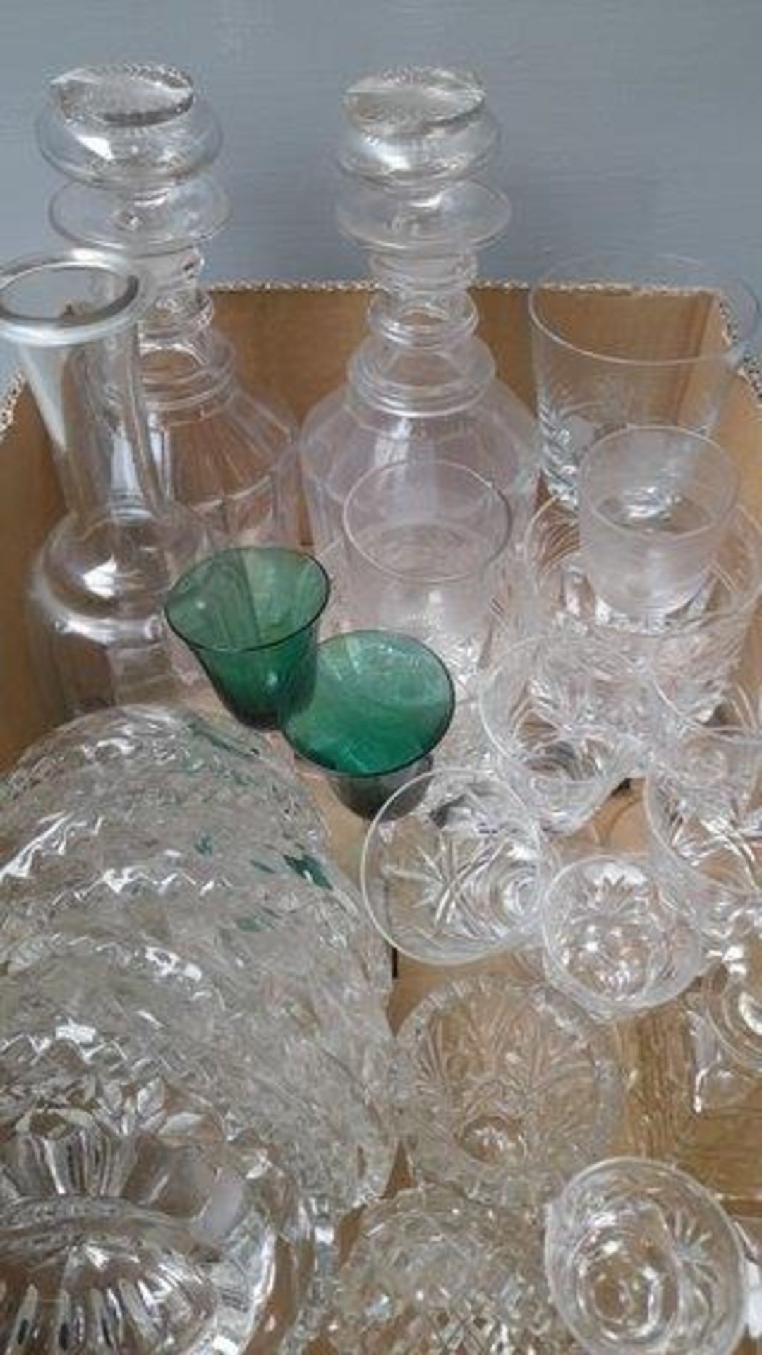 Box Including Cut Glass Sherry Glasses, Decanters, Dessert Dishes Etc