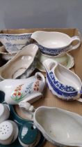 Box Including Blue & White & Other Gravy Boats Etc