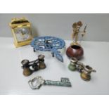 Box Including Trivet, Brass Corkscrew, Bottle Opener & Stopper On Stand, Mantel Clock, Opera Glasses