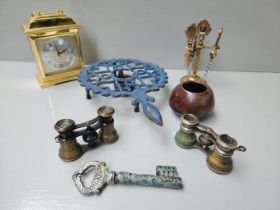 Box Including Trivet, Brass Corkscrew, Bottle Opener & Stopper On Stand, Mantel Clock, Opera Glasses