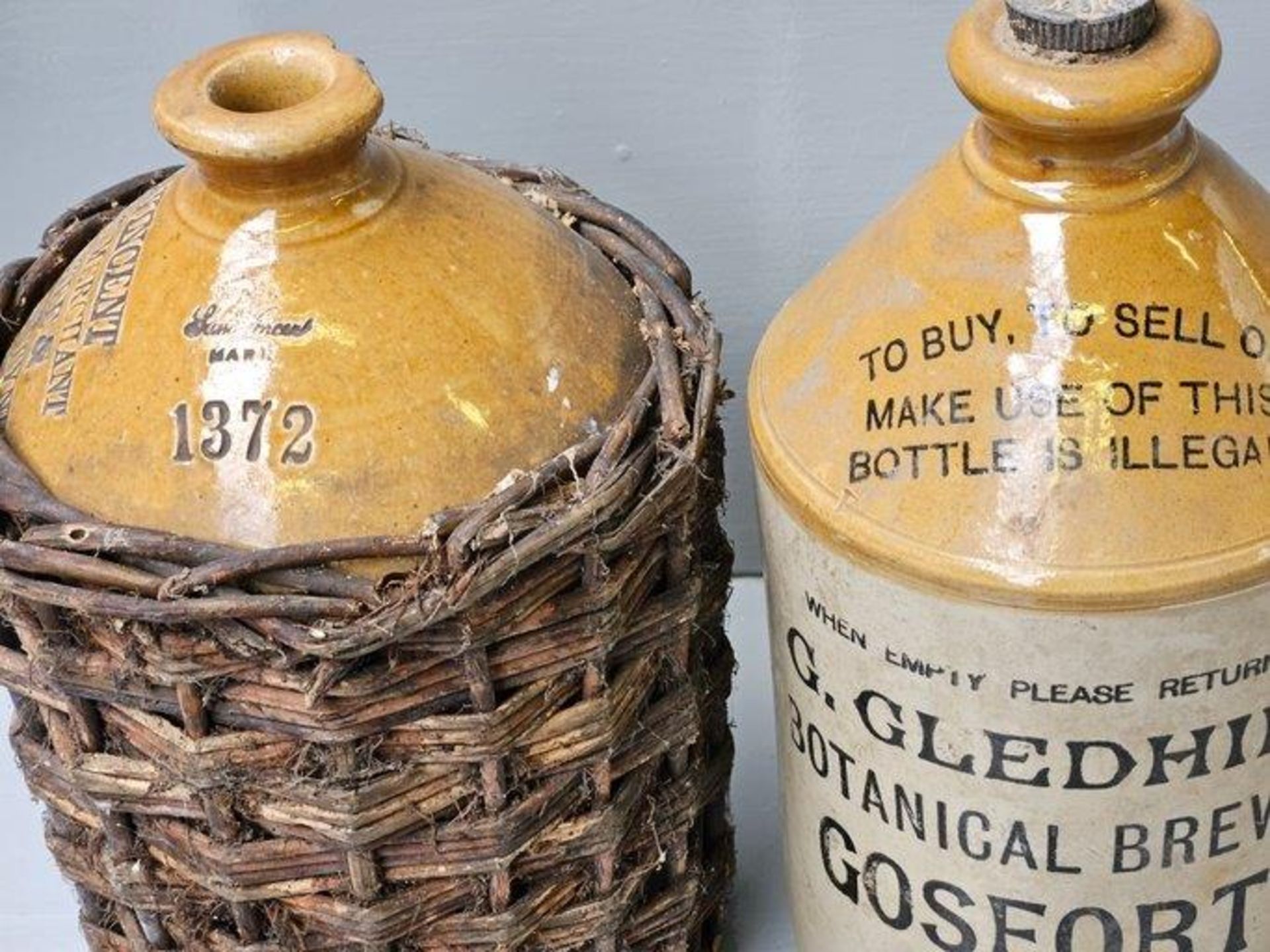 2 Flagons - Samuel Vincent, Newcastle & G Gledhill, Gosforth 1940, Creamware Jar & Bottle (A/F) - Image 2 of 4