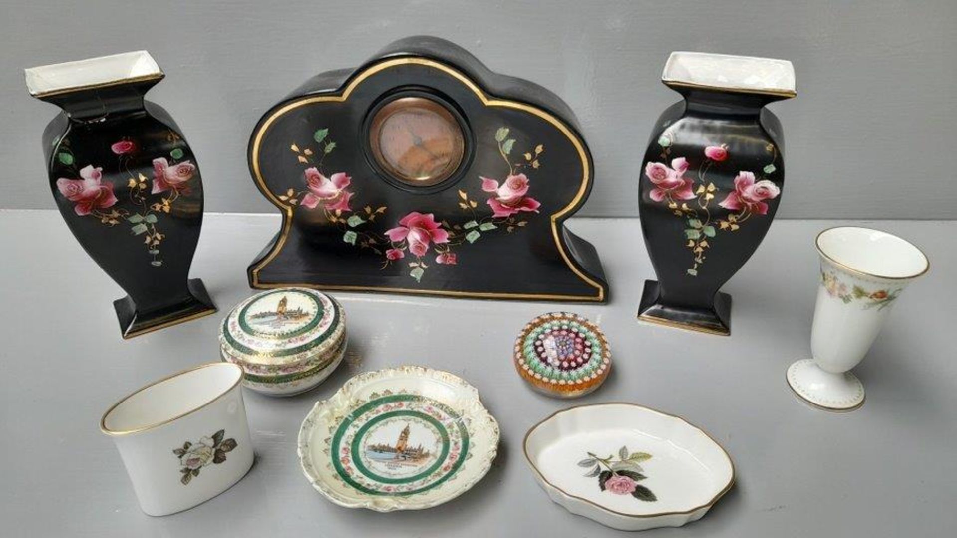 Box Including Mantel Set, Dressing Table Dishes, Perthshire Paperweight, Posy Vases Etc (A/F)