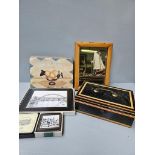 Box Including Walnut Engraved Tray, Picture Frames, Mirror, Deed Box, Place Mats Etc