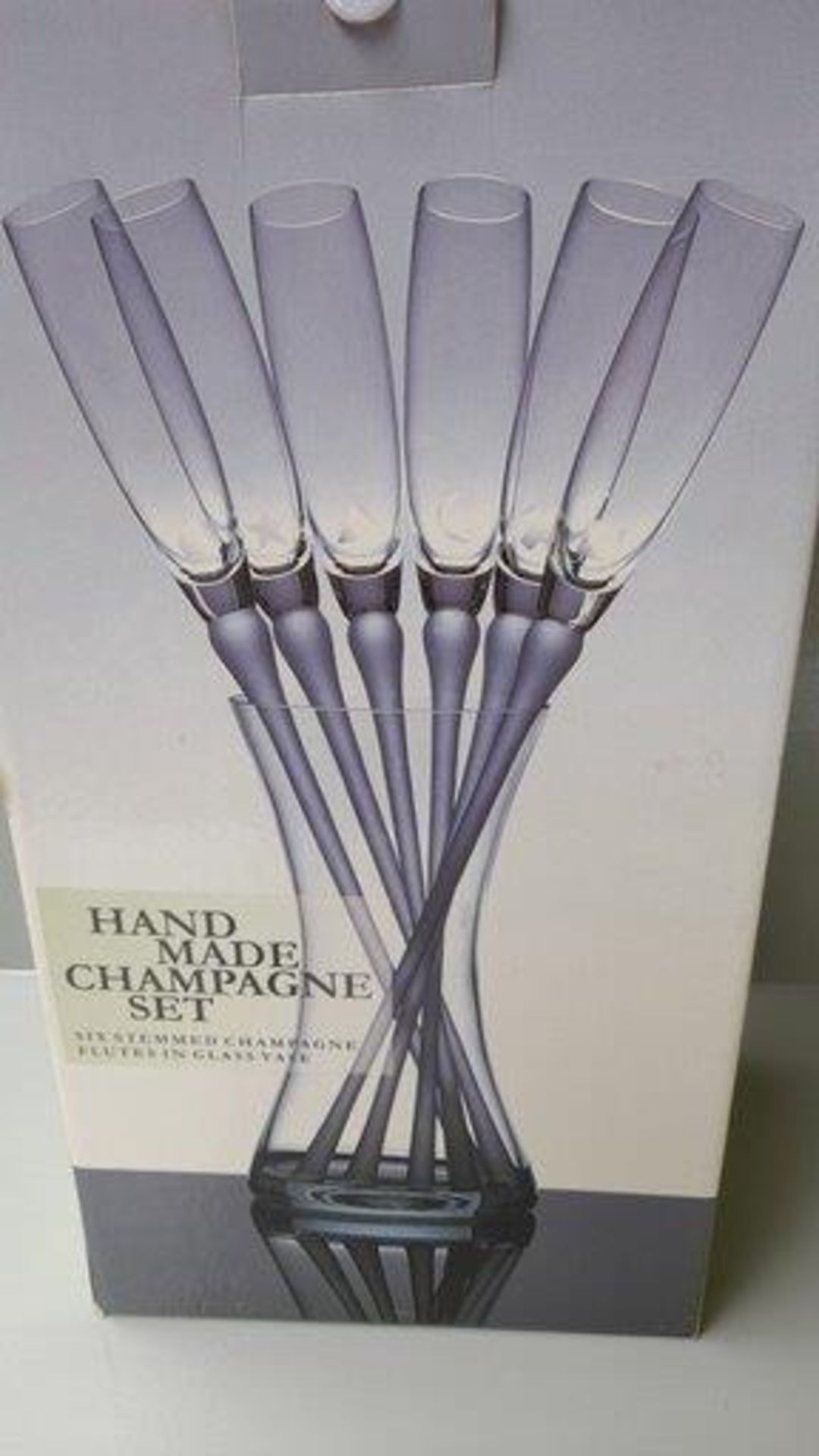 Hand Made Champagne Set In Box Including 6 Stemmed Champagne Flutes In Glass Vase