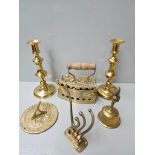 Box Including Brass Candlesticks, Box Iron, Coat Hooks Etc