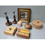Box Including Pair Of Oak Candlesticks, Treen Boxes, Mirror Etc