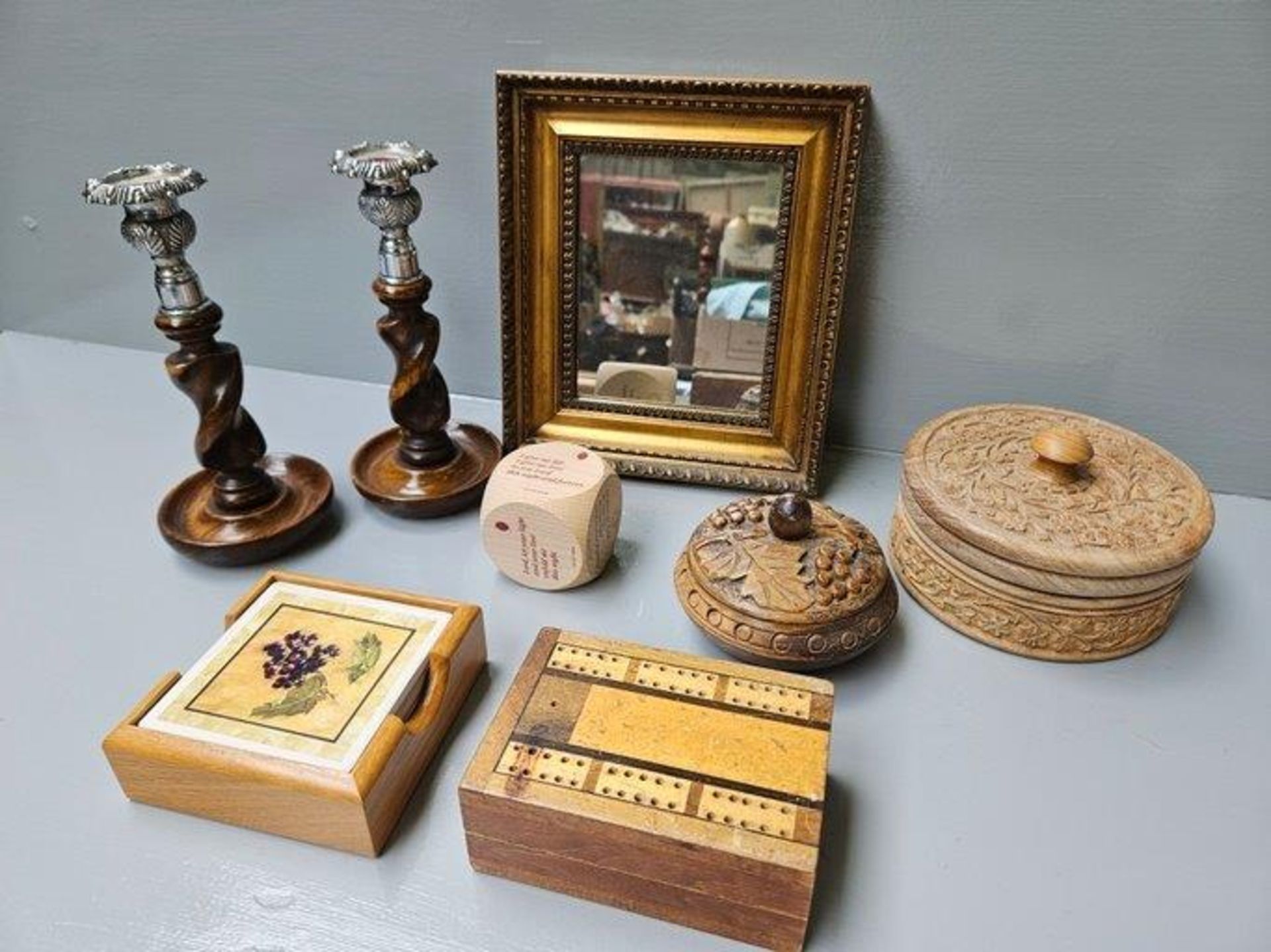 Box Including Pair Of Oak Candlesticks, Treen Boxes, Mirror Etc