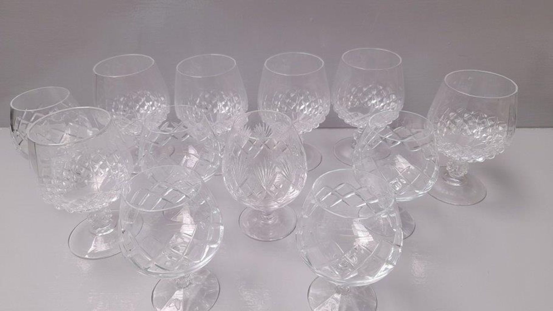 6 Green Stemmed Wine Glasses, Brandy Glasses, Whisky Tumblers Etc
