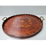 Mahogany Inlaid Round Brass Handled Tray W47cm