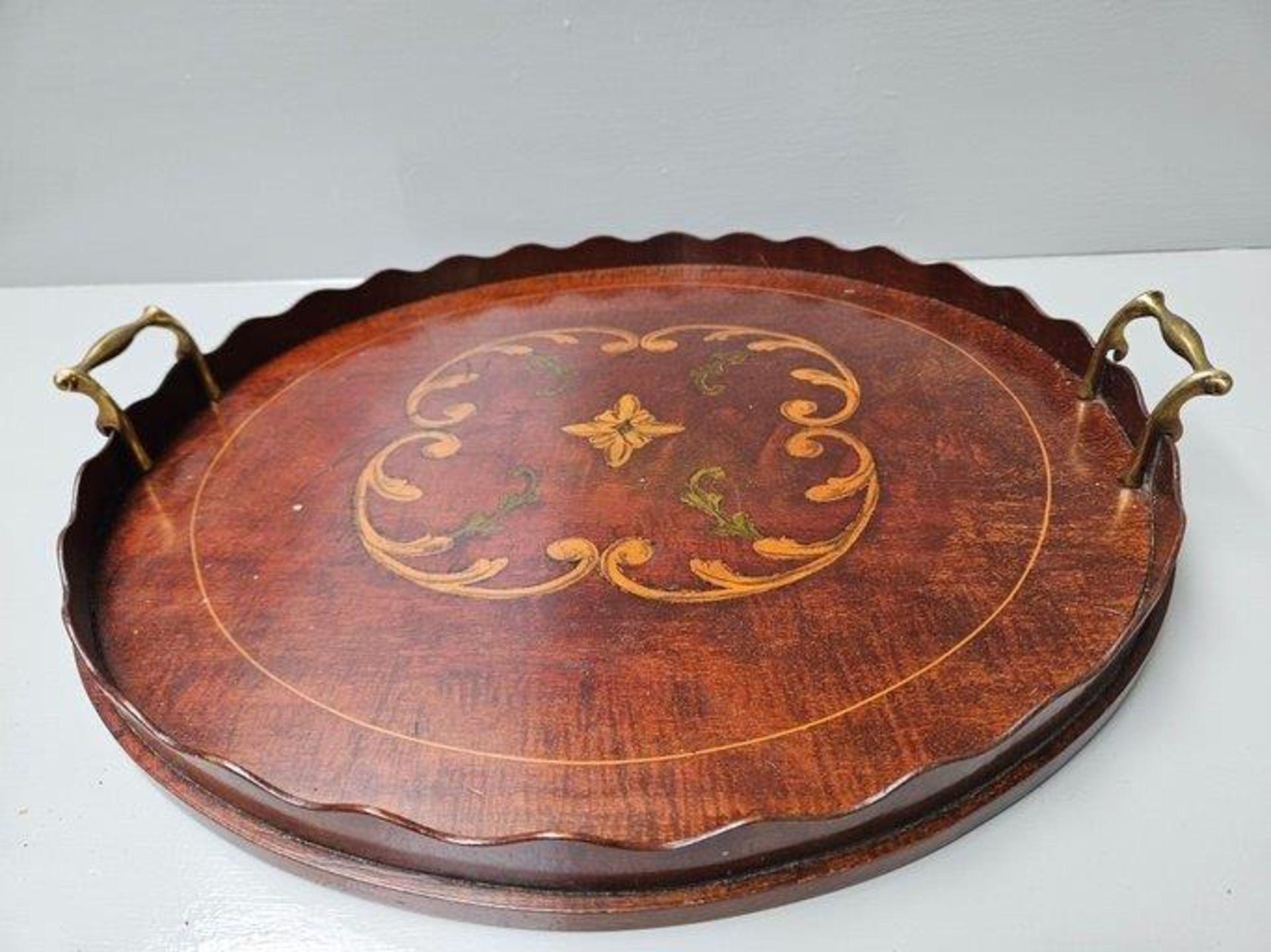 Mahogany Inlaid Round Brass Handled Tray W47cm