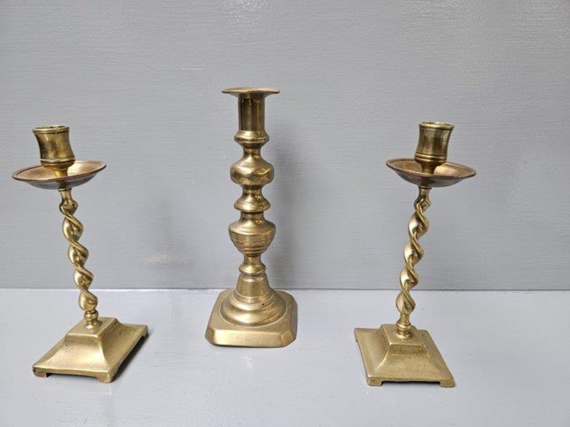 Brass Oil Lamp, 3 Candlesticks, Brass Mantel Vase