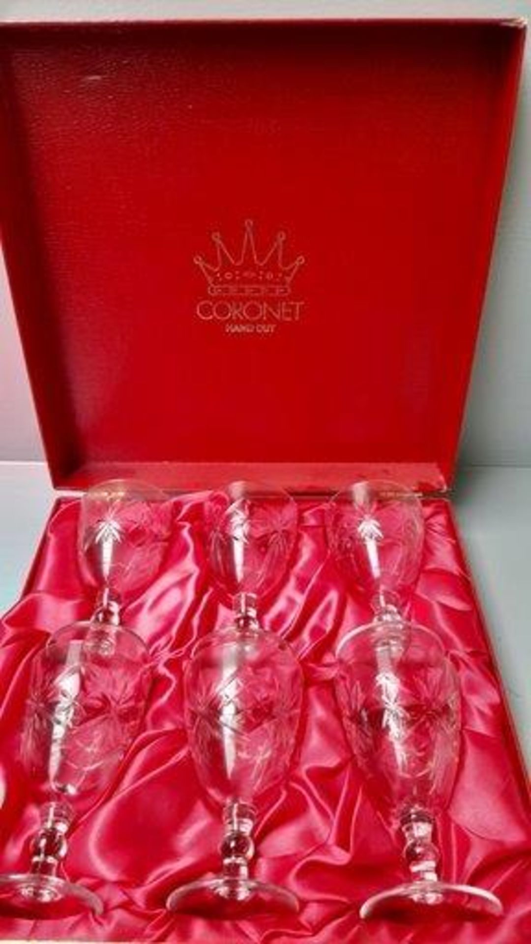 6 Boxed Coronet Hand Cut Wine Glasses, Assorted Wine Glasses Etc