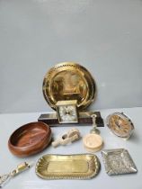 Box Including Brass Tray, 2 Clocks, Pastry Marker Etc