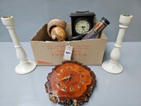 2 Wooden Clocks, Candlesticks, Desk Pieces Etc