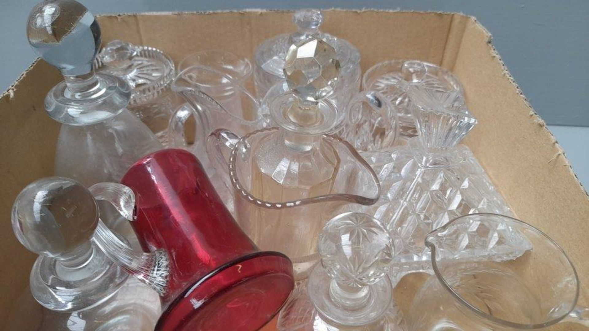 Box Including 4 Cut Glass Scent Bottles, Jugs, Dressing Table Pieces Etc