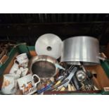 Box Including Cutlery, Mugs, Pans Etc