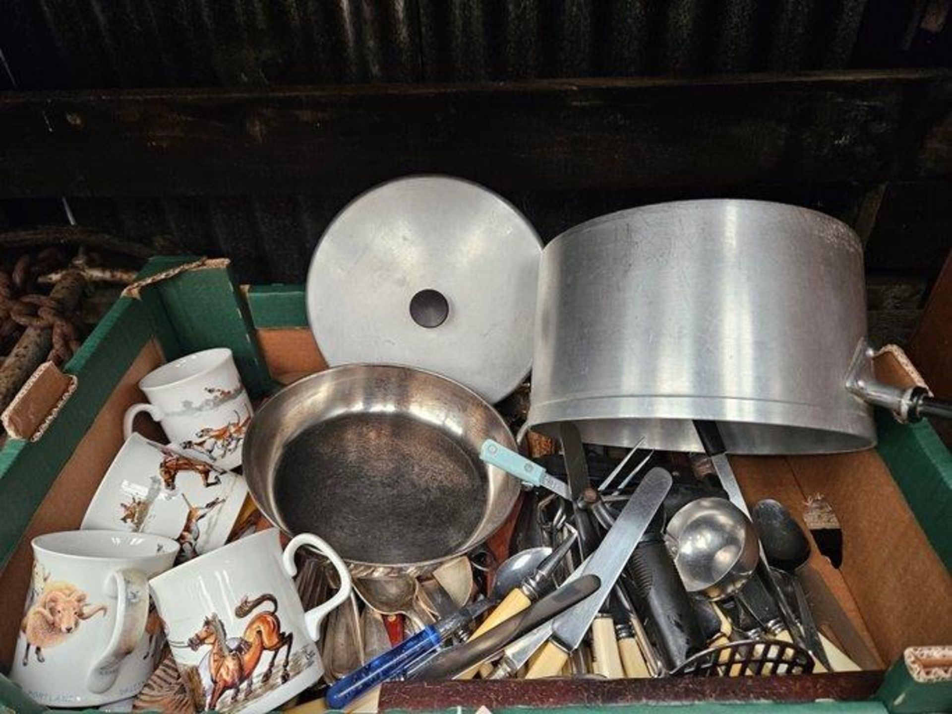 Box Including Cutlery, Mugs, Pans Etc