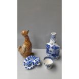 Stoneware Duck Figure, Blue & White Cat, Bottle & Beaker