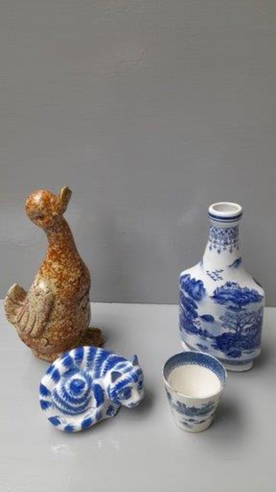 Stoneware Duck Figure, Blue & White Cat, Bottle & Beaker