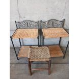 2 Wrought Iron & Seagrass Bedside Tables & Stool