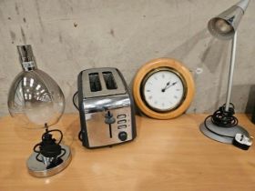 Breville Toaster, Pans, Quartz Clock, 2 Lamps Etc