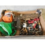 Box Of Assorted Tools, Spanners, Set Squares, Battery Charger Etc