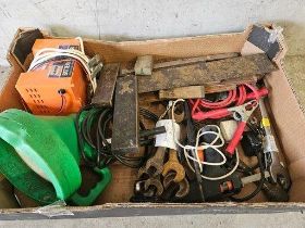 Box Of Assorted Tools, Spanners, Set Squares, Battery Charger Etc