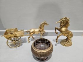 Box Including Brass Lamp, Brass Horse & Cart, Brass Horse, Records, Classic Pen Set Etc