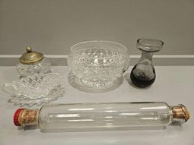 Cut Glass Fruit Bowl, Gravy Boat On Plate, Glass Rolling Pin Etc